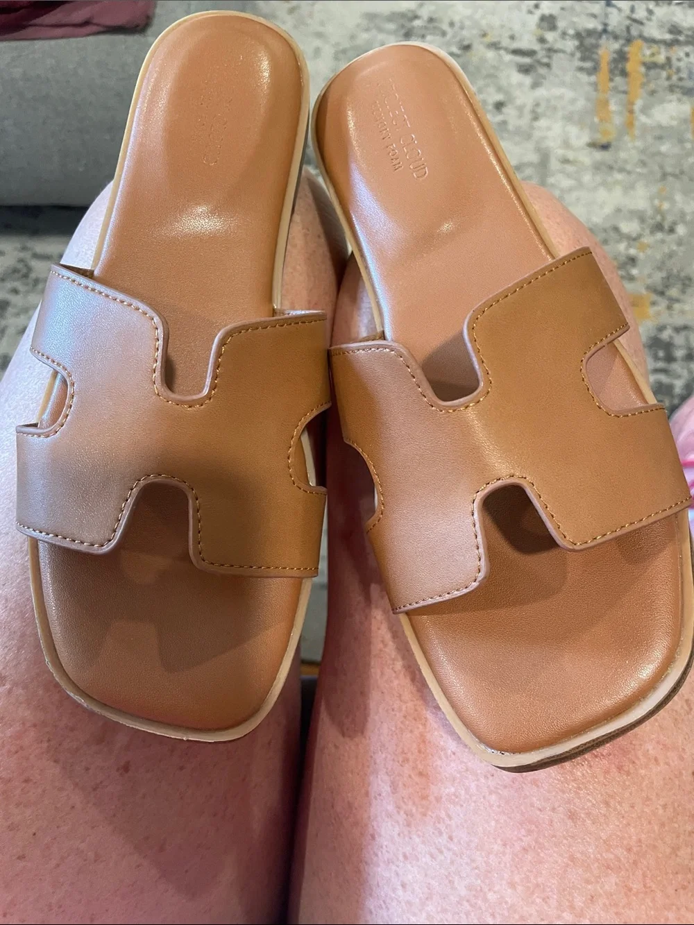 Women’s Cognac Slide Sandals with Cutout Strap